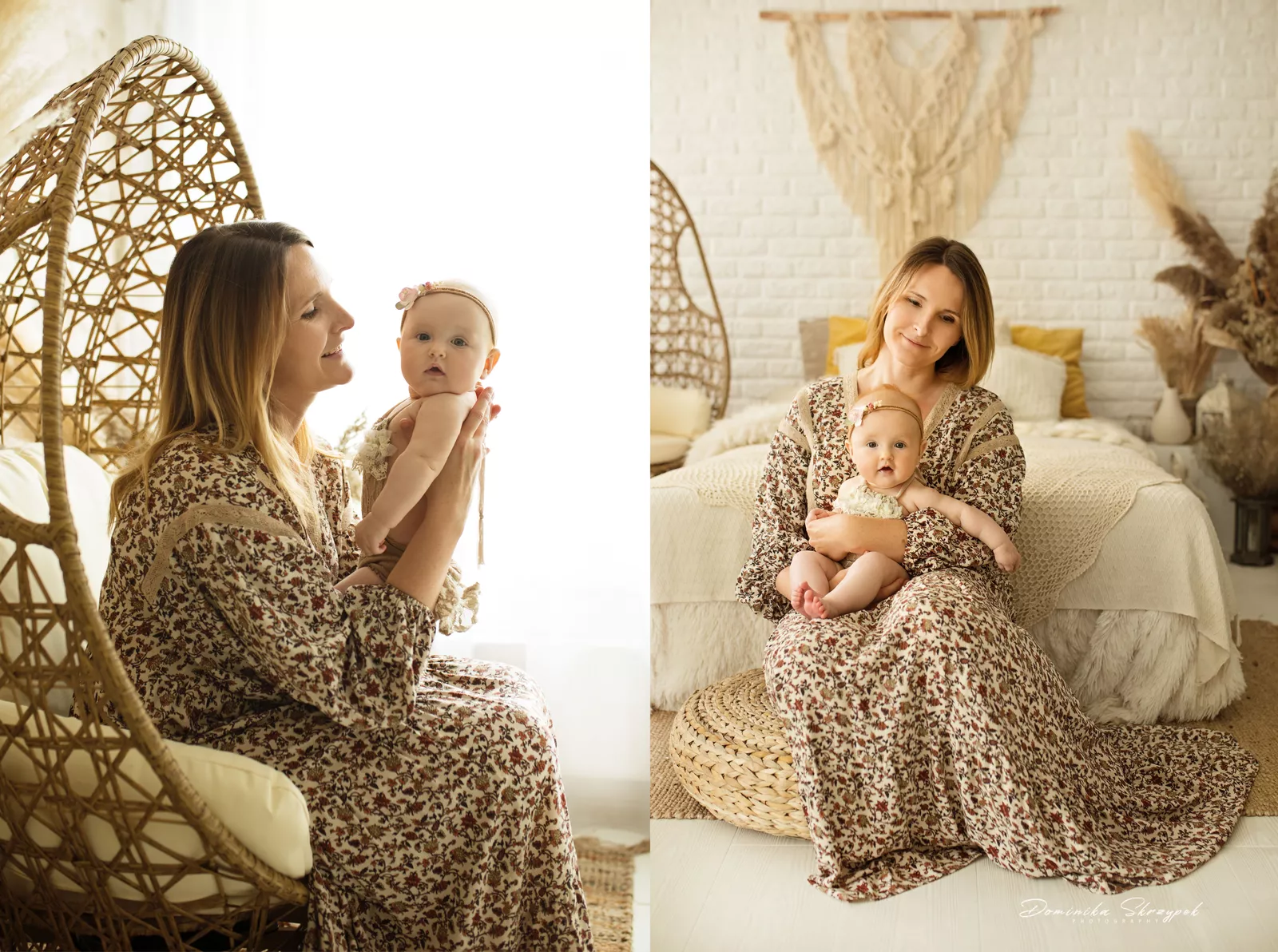 Sesja rodzinna boho — mama z niemowlęciem w ciepłej aranżacji w Warszawie